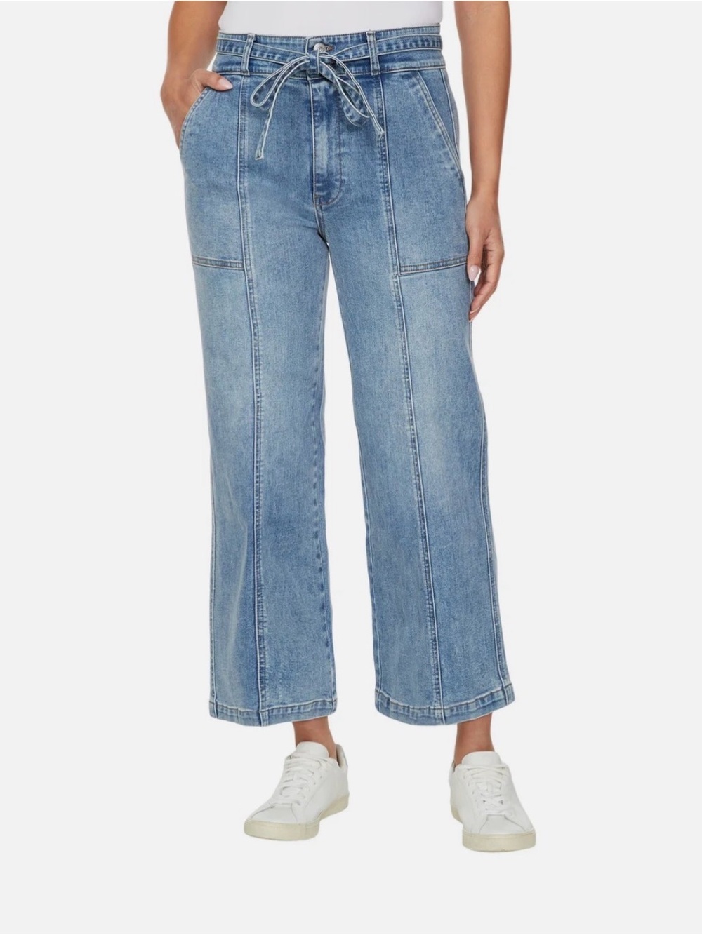 Hudson Jeans Wide Leg Belted Cropped Jeans Size 16 Blue High Rise Front Seam